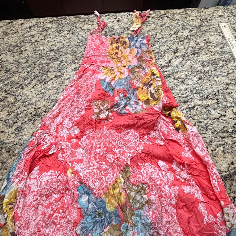 NEW Just Funky Women Coral Floral Paisley Patchwork Smocked Maxi Dress M ws